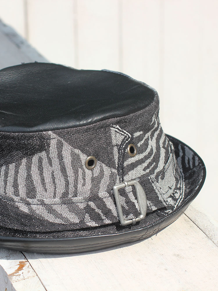 Summer leather and denim pork pie bucket hat Hop Dzanga PPH-06 Summer leather and denim pork pie bucket hat Hop Dzanga PPH-06